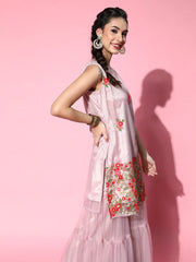 Women Mauve Pink Floral Embroidered Thread Work Net Kurti with Sharara & Dupatta - Inddus.com