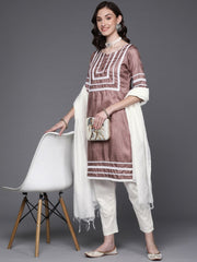 Women Mauve Yoke Design Kurta with Trousers & With Dupatta - Inddus.com