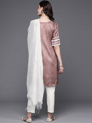 Women Mauve Yoke Design Kurta with Trousers & With Dupatta - Inddus.com