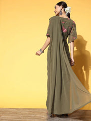 Women Mehndi Green Skirt Drape Saree with Embroidered Blouse Piece - Inddus.com