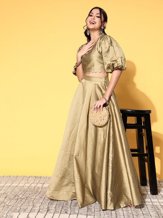 Women Metallic Beige Woven Design Top Skirt - Inddus.com