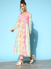 Women Multicoloured Floral Printed Pleated Kurta With Trousers - Inddus.com