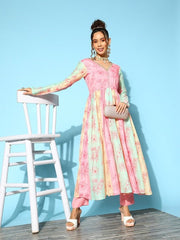 Women Multicoloured Floral Printed Pleated Kurta With Trousers - Inddus.com
