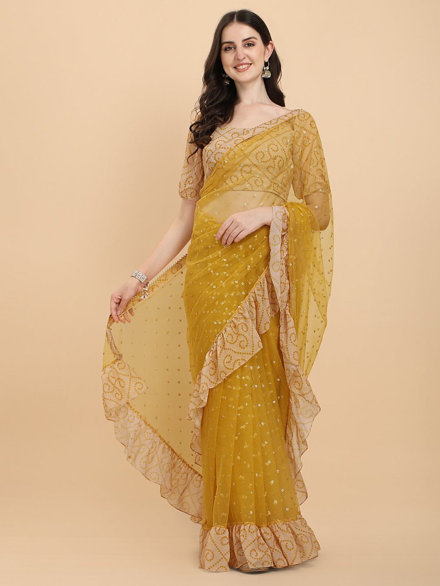 Women Mustard Yellow Embroidered Bandhani Ruffle Saree with Blouse Piece - Inddus.com