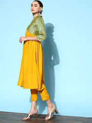 Women Mustard Yellow Pleated Kurta with Trousers - Inddus.com
