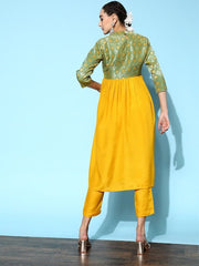 Women Mustard Yellow Pleated Kurta with Trousers - Inddus.com