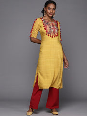 Women Mustard Yellow & Red Ethnic Motifs Printed Kurta - Inddus.com