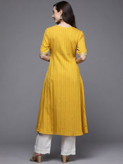 Women Mustard Yellow Striped Gotta Patti Kurta - Inddus.com
