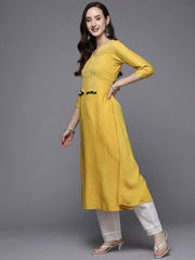 Women Mustard Yellow Woven Design Gotta Patti Kurta - Inddus.com