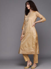 Women Mustard Yellow Yoke Design Mirror Work Chanderi Cotton Kurta with Trousers & With Dupatta - Inddus.com