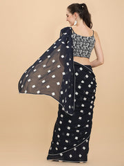 Women Navy Blue Embroidered Georgette Saree with Blouse Piece - Inddus.com
