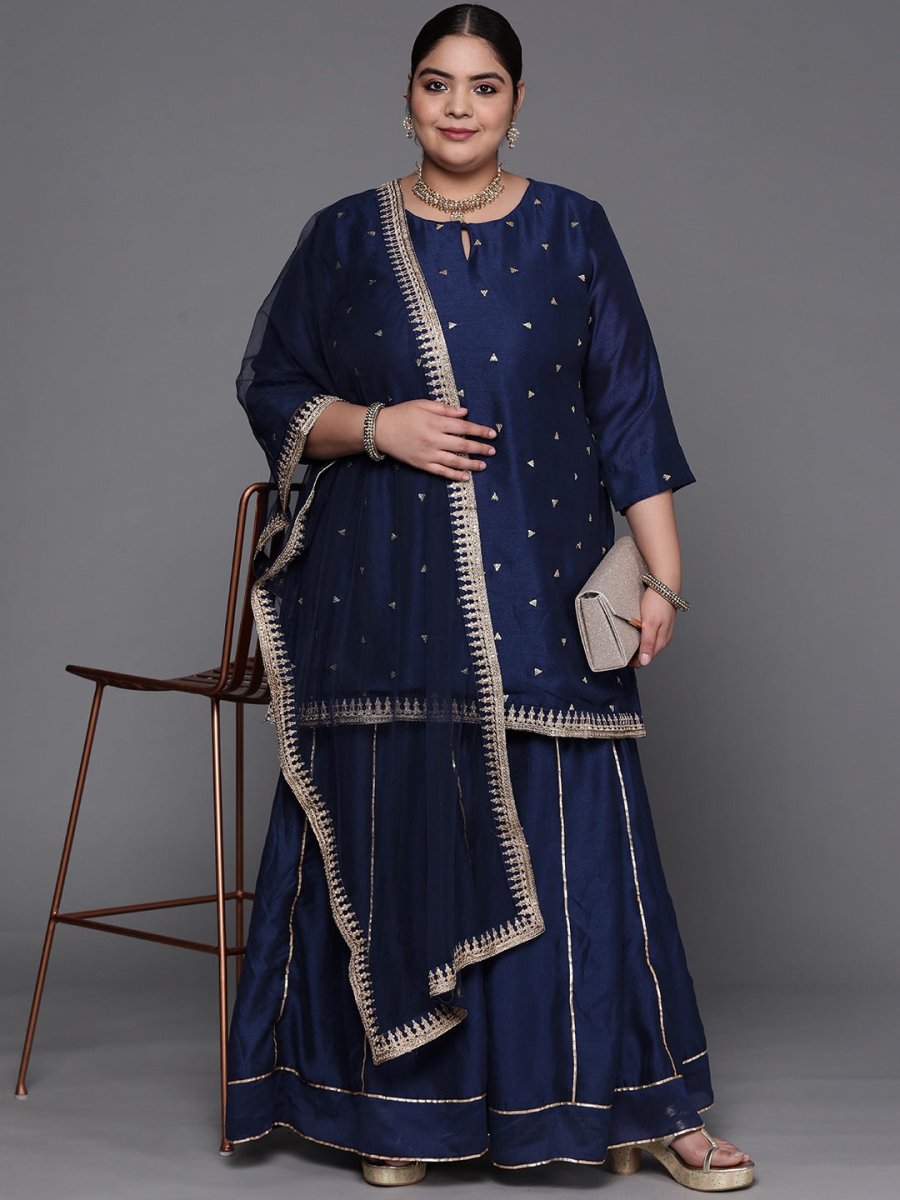 Women Navy Blue Embroidered Sequinned Kurta with Sharara & With Dupatta - Inddus.com