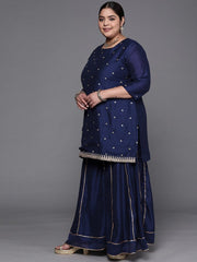 Women Navy Blue Embroidered Sequinned Kurta with Sharara & With Dupatta - Inddus.com
