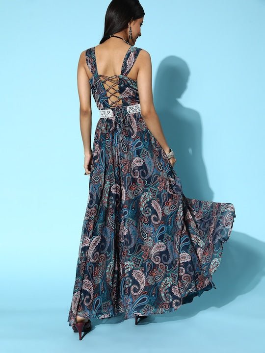 Women Navy Blue Ethnic Motifs All in the Details Dress - Inddus.com