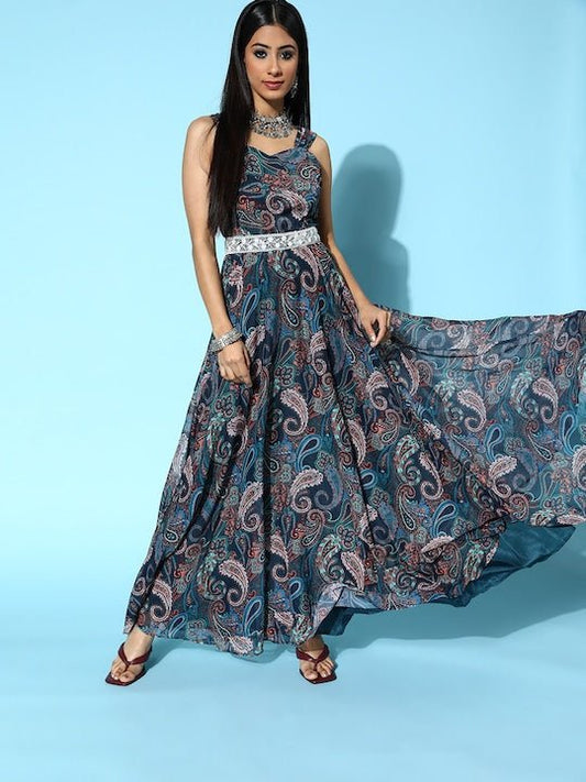Women Navy Blue Ethnic Motifs All in the Details Dress - Inddus.com