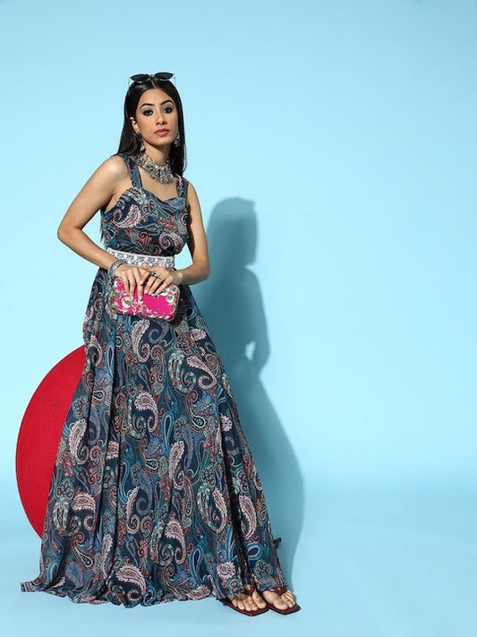 Women Navy Blue Ethnic Motifs All in the Details Dress - Inddus.com