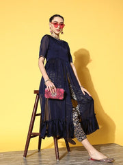 Women Navy Blue Floral High Slit Kurta with Trousers - Inddus.com