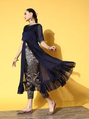 Women Navy Blue Floral High Slit Kurta with Trousers - Inddus.com