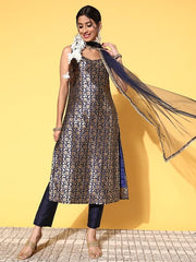 Women Navy Blue Floral Kurta with Trousers & With Dupatta - Inddus.com