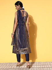 Women Navy Blue Floral Kurta with Trousers & With Dupatta - Inddus.com