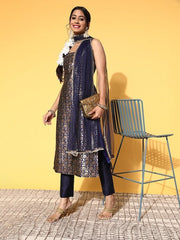 Women Navy Blue Floral Kurta with Trousers & With Dupatta - Inddus.com