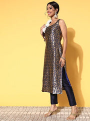 Women Navy Blue Floral Kurta with Trousers & With Dupatta - Inddus.com