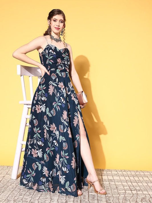 Women Navy Blue Floral Peekaboo Bottom Dress - Inddus.com