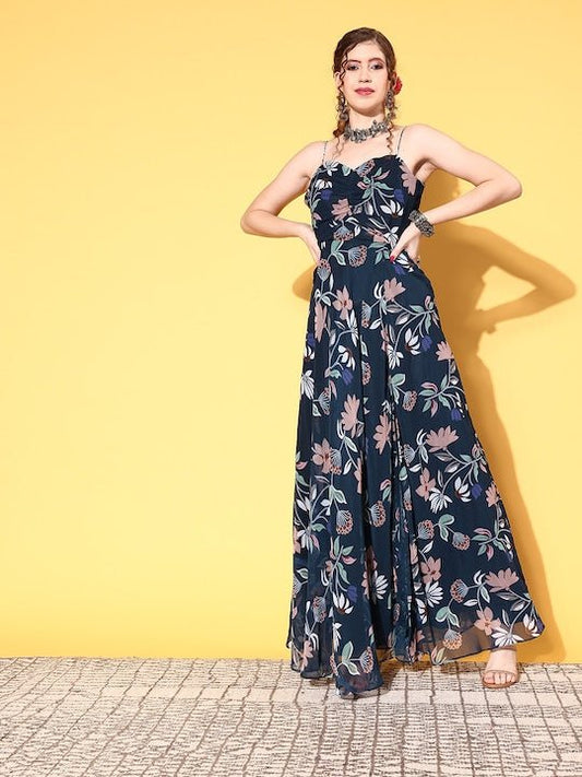 Women Navy Blue Floral Peekaboo Bottom Dress - Inddus.com