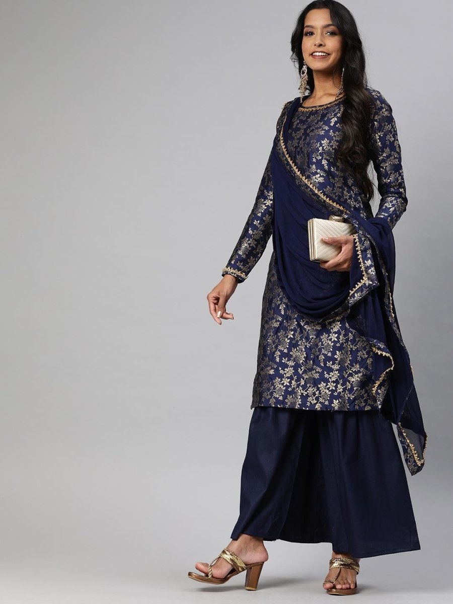 Women Navy Blue & Golden Woven Sharara Suit - Inddus.com