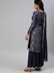 Women Navy Blue & Golden Woven Sharara Suit - Inddus.com