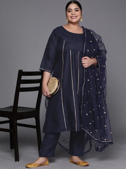 Women Navy Blue Gotta Patti Kurta with Trousers & With Dupatta - Inddus.com