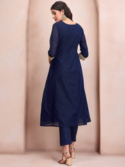 Women Navy Blue Paisley Yoke Design Regular Chanderi Cotton Kurta with Trousers - Inddus.com