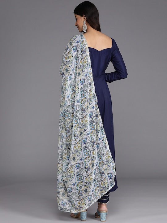 Women Navy Blue Printed Pleated Gotta Patti Kurta with Trousers & With Dupatta - Inddus.com