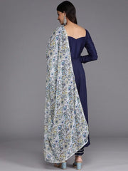 Women Navy Blue Printed Pleated Gotta Patti Kurta with Trousers & With Dupatta - Inddus.com