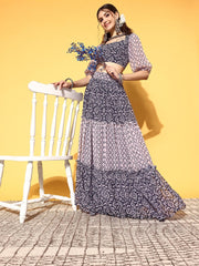 Women Navy Blue Printed Top with Skirt - Inddus.com