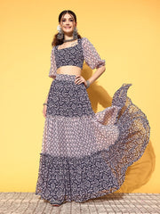 Women Navy Blue Printed Top with Skirt - Inddus.com