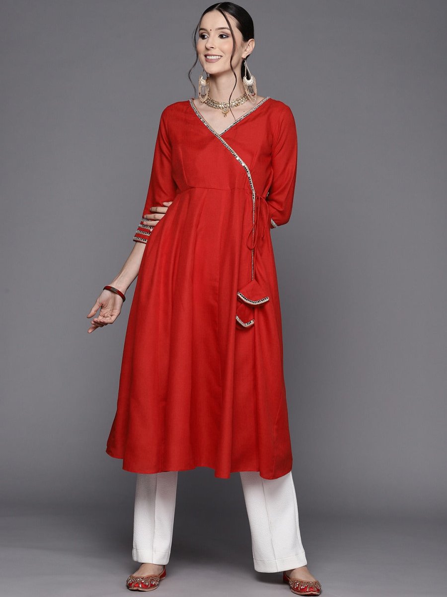 Women Navy Blue & Red Mirror Work Angrakha Kurta - Inddus.com