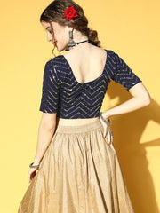 Women Navy Blue Sequinned Stretchable Blouse - Inddus.com