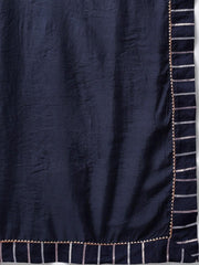 Women Navy Blue & Silver-Toned Zari Striped Straight Cut Suit - Inddus.com