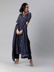Women Navy Blue & Silver-Toned Zari Striped Straight Cut Suit - Inddus.com