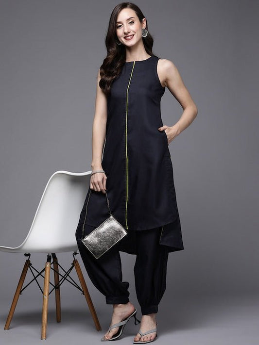 Women Navy Blue Solid Kurta with Salwar - Inddus.com