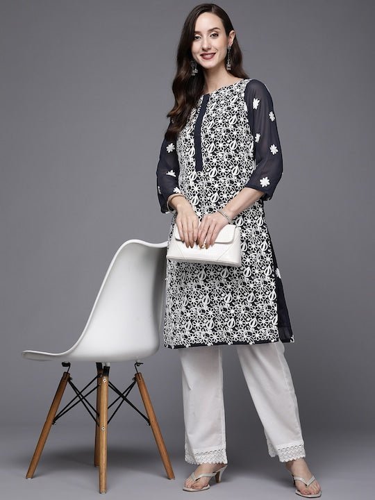 Women Navy Blue & White Ethnic Motifs Embroidered Georgette Kurta - Inddus.com