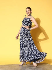 Women Navy Blue & White Floral Printed Top & Skirt - Inddus.com