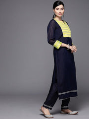 Women Navy Blue & Yellow Yoke Design Gotta Patti Chanderi Kurta with Trousers & Dupatta - Inddus.com