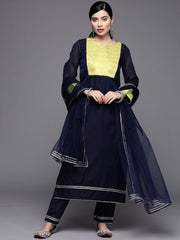 Women Navy Blue & Yellow Yoke Design Gotta Patti Chanderi Kurta with Trousers & Dupatta - Inddus.com