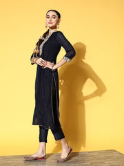 Women Navy Blue Yoke Design Chanderi Cotton Kurta with Trousers & With Dupatta - Inddus.com