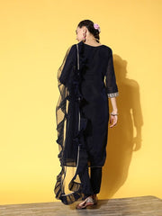 Women Navy Blue Yoke Design Chanderi Cotton Kurta with Trousers & With Dupatta - Inddus.com