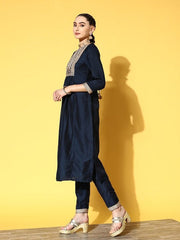 Women Navy Blue Yoke Design Pleated Kurta with Trousers & With Dupatta - Inddus.com