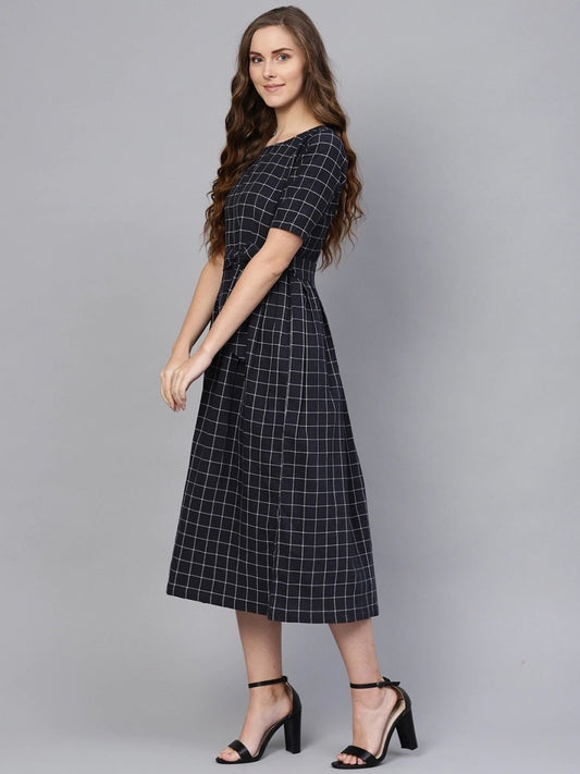 Women Navy & White Checked A-Line Dress - inddus-us