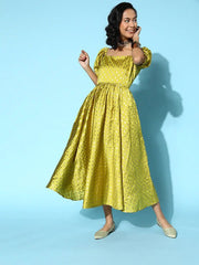 Women Neon Green Brocade Woven Self Design Dress - Inddus.com